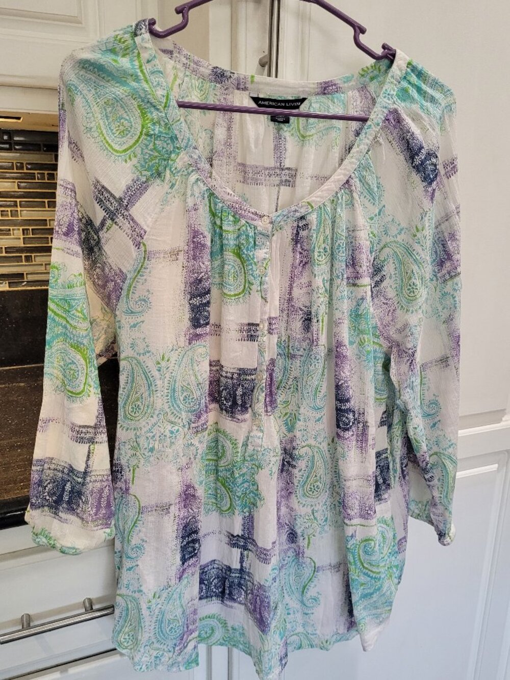 American Living Button Round Neck 3/4 Sleeve Paisley Print Tunic XXL